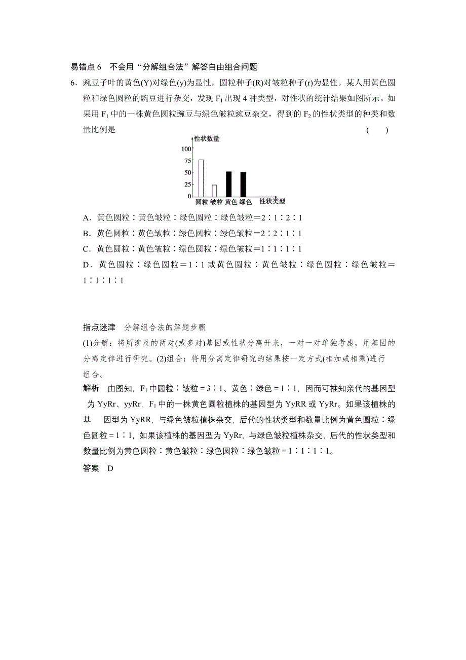 《典型易错易混点集训》（通用）2014届生物题型题目总结：易错点6　不会用“分解组合法”解答自由组合问题.doc_第1页