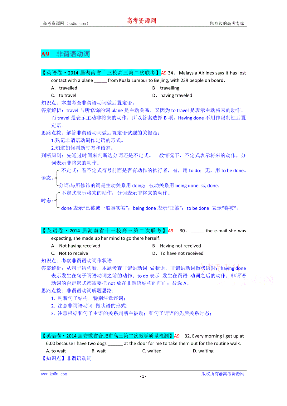 《冲刺2015》2015届高三英语总复习（高考模拟专版）汇编：A单元 单项填空（A9非谓语动词）.doc_第1页