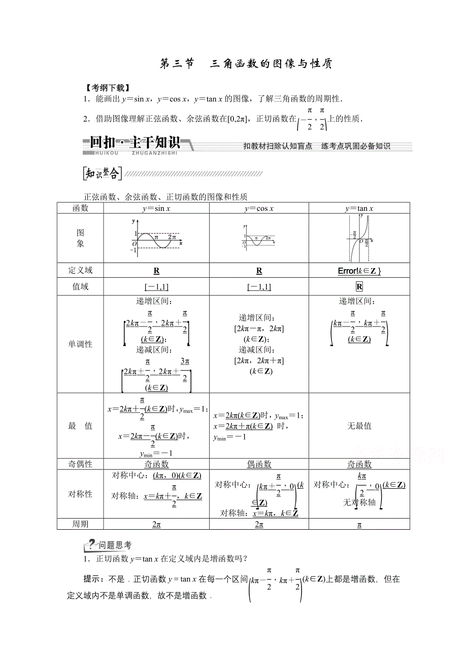 《创新方案 一轮回扣》2015高考（北师大版）数学（理）复习配套试题：三角函数的图像与性质（知识回扣 热点突破 能力提升）.doc_第1页