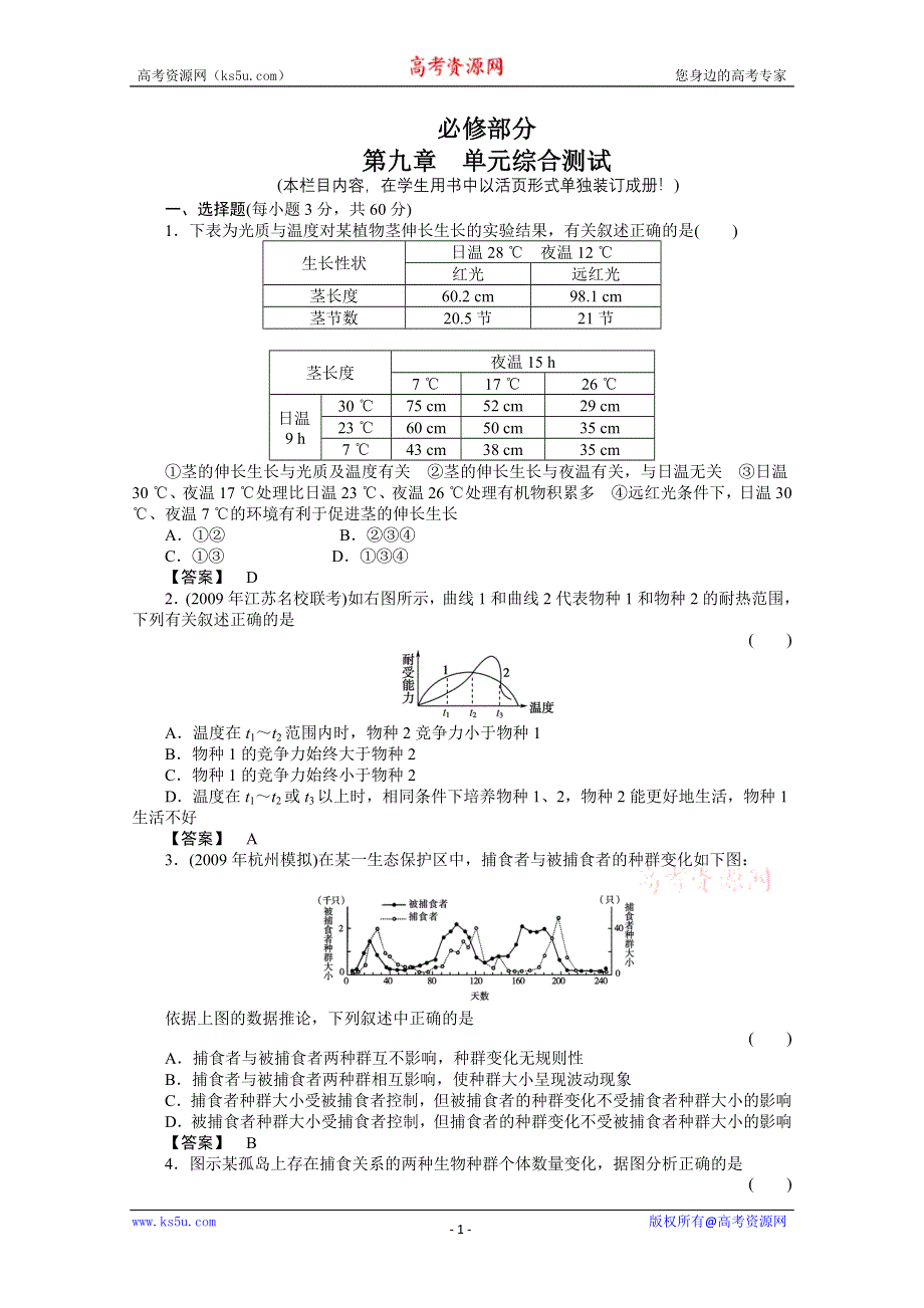 2011《金版新学案》高三一轮精品练习（全国版）生物必修9单元综合测试.doc_第1页