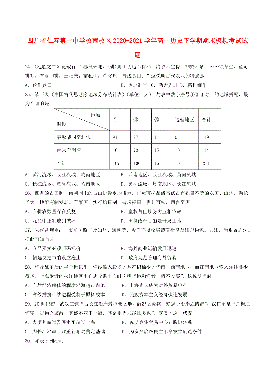 四川省仁寿第一中学校南校区2020-2021学年高一历史下学期期末模拟考试试题.doc_第1页