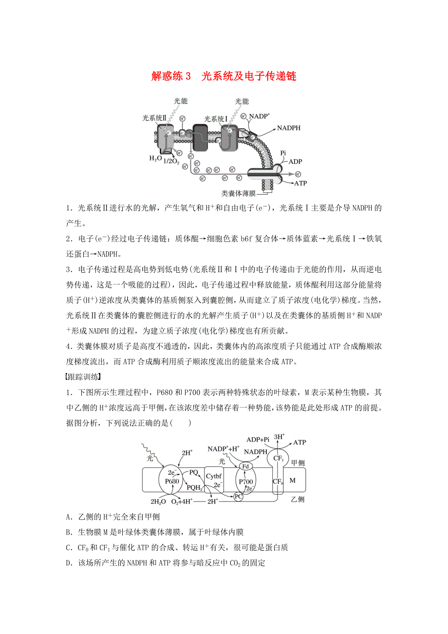 （新高考）2023届高考生物一轮复习讲义 第3单元 解惑练3 光系统及电子传递链 新人教版.docx_第1页