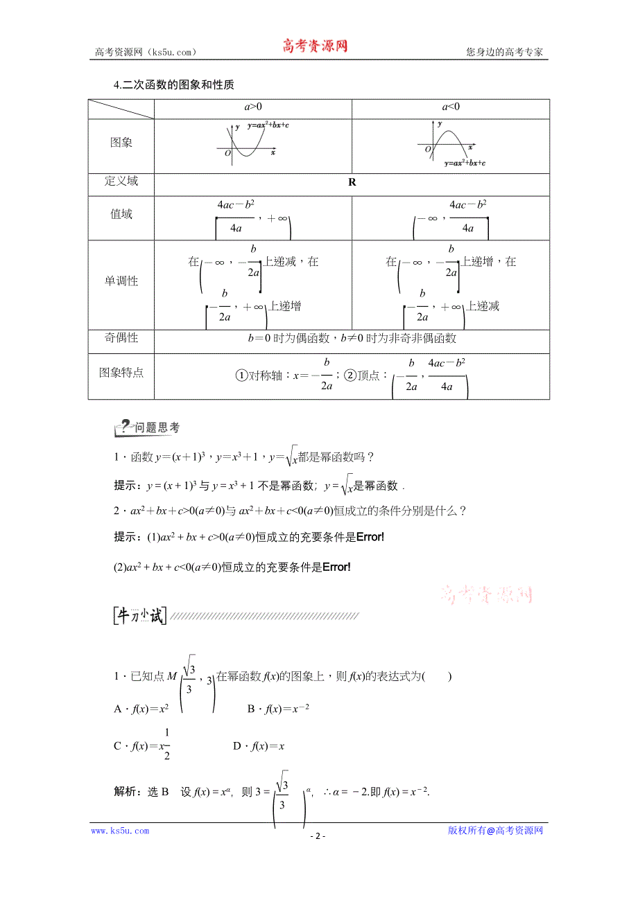 《创新方案+一轮回扣》2015高考（北师大版）数学（理）复习配套试题：二次函数与幂函数（知识回扣+热点突破+能力提升）.doc_第2页