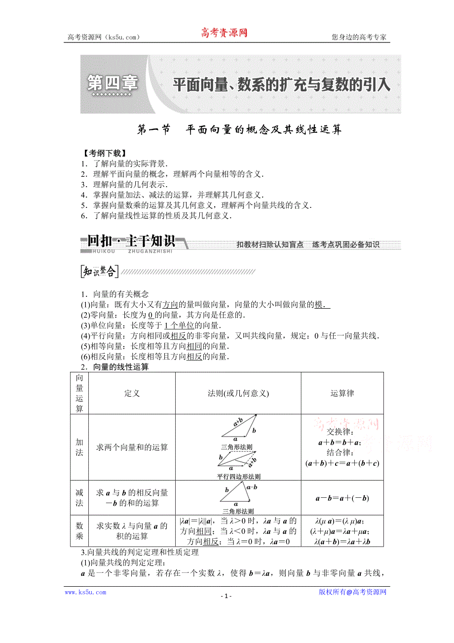 《创新方案+一轮回扣》2015高考（北师大版）数学（理）复习配套试题：平面向量的概念及其线性运算（知识回扣+热点突破+能力提升）.doc_第1页