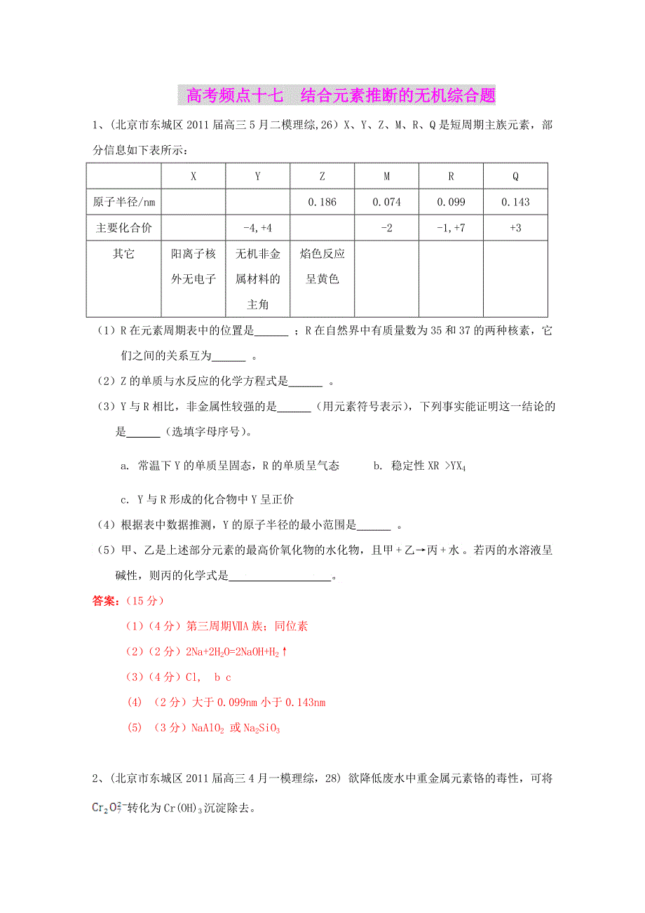 2011全国名校3-5月化学模拟题分类汇编：高考频点十七结合元素推断的无机综合题.doc_第1页