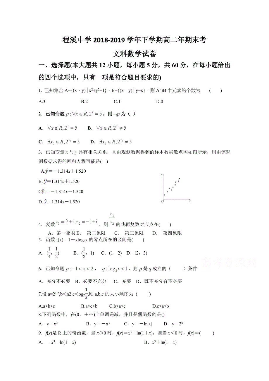 《发布》福建省龙海市程溪中学2018-2019学年高二下学期期末考试 数学（文） WORD版含答案.docx_第1页