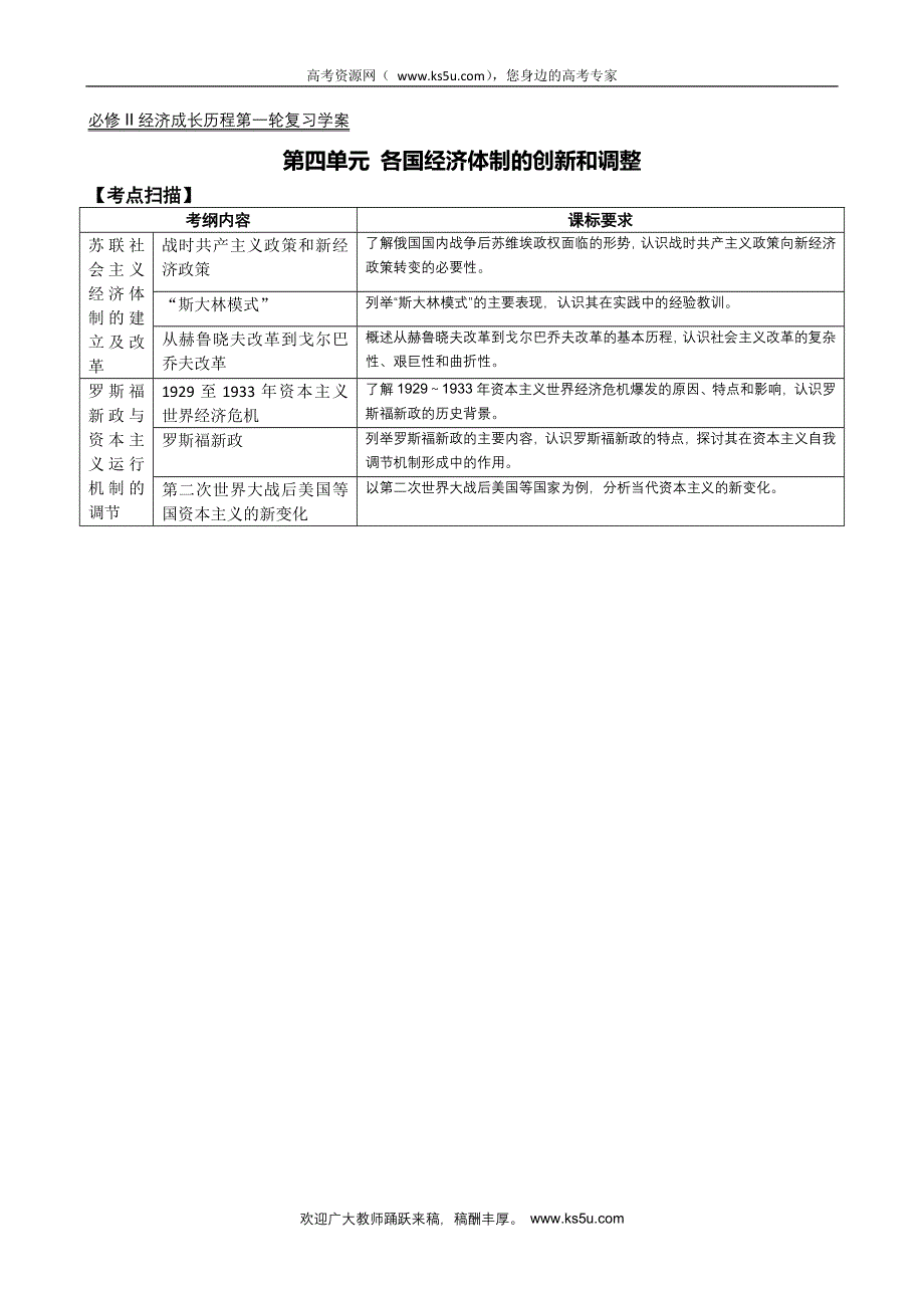 2011历史经济成长历程一轮复习学案：第四单元 各国经济体制的创新和调整（新人教必修二）.doc_第1页