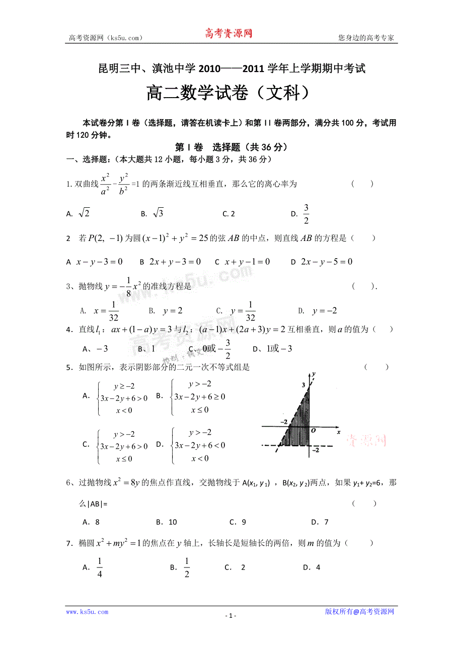 云南省昆明三中、滇池中学10-11学年高二上学期期中考试（数学文）.doc_第1页