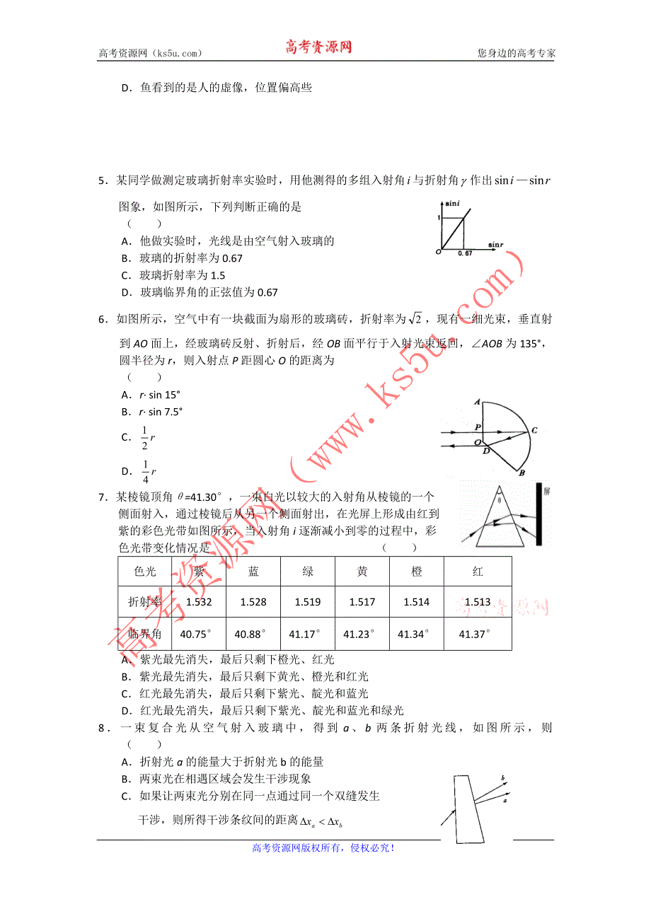 2011-2012学年大纲版高三上学期单元测试（11）物理《光学》试题.doc_第2页