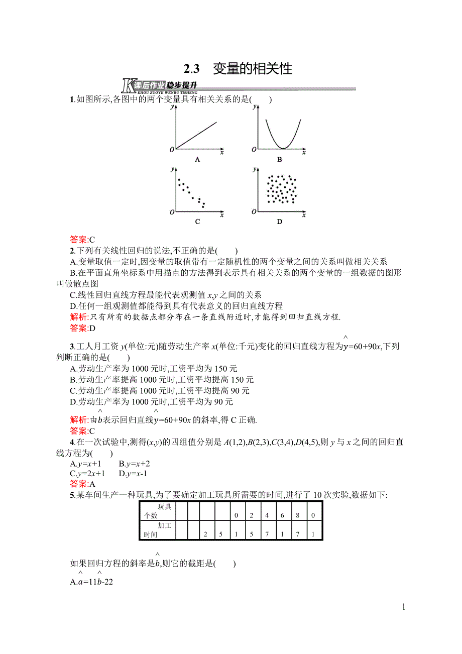 《同步测控》2015-2016学年高一数学人教B版必修3课后作业：2.3 变量的相关性 WORD版含解析.docx_第1页