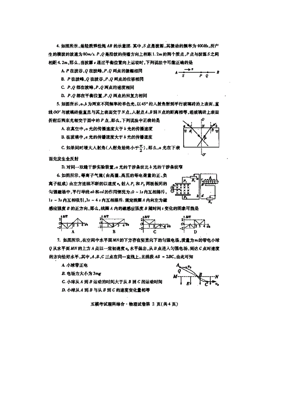 四川省内江市2015届高三第五次模试考试物理试题 扫描版含答案.doc_第2页