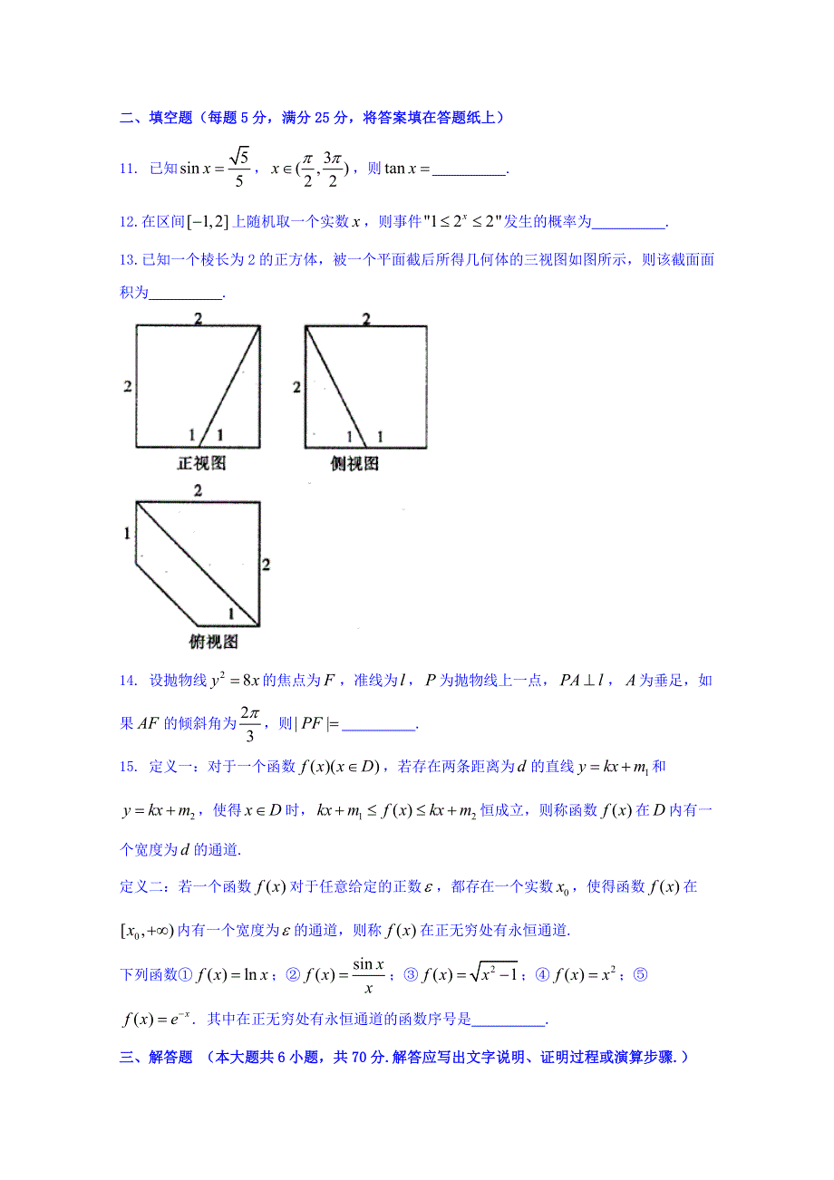 四川省内江市2016届高三第五次模拟考试文数试题 WORD版含答案.doc_第3页