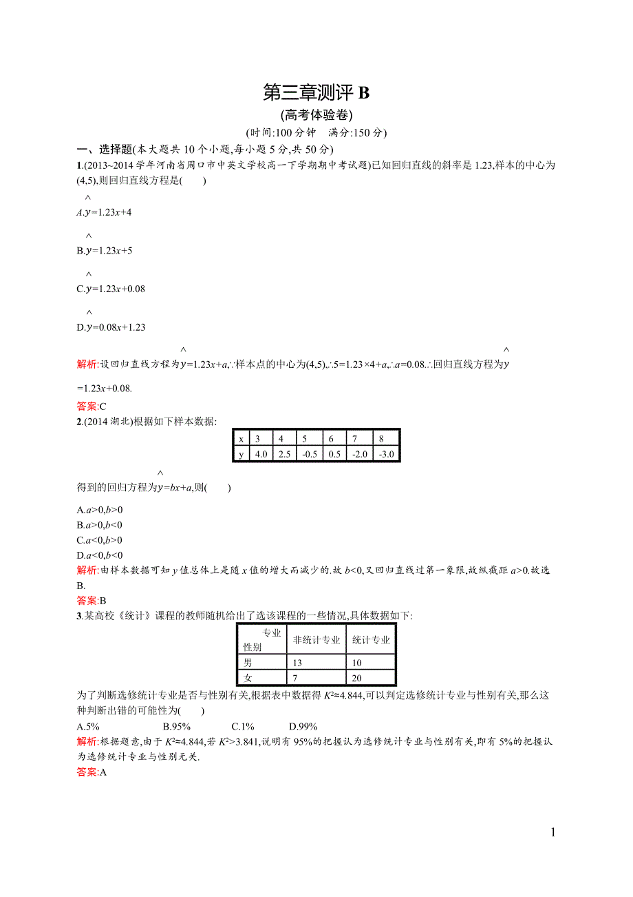 《同步测控》2015-2016学年高二数学人教A版选修2-3章末测评：第三章 统计案例 B WORD版含解析.docx_第1页