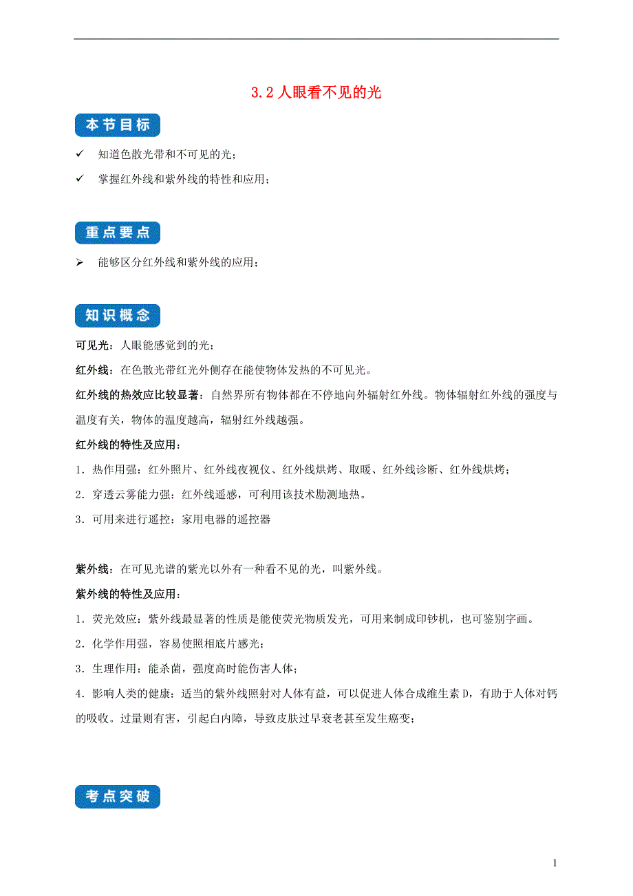 2020-2021学年八年级物理上册 3.2 人眼看不见的光考点突破与同步练习（含解析）（新版）苏科版.docx_第1页