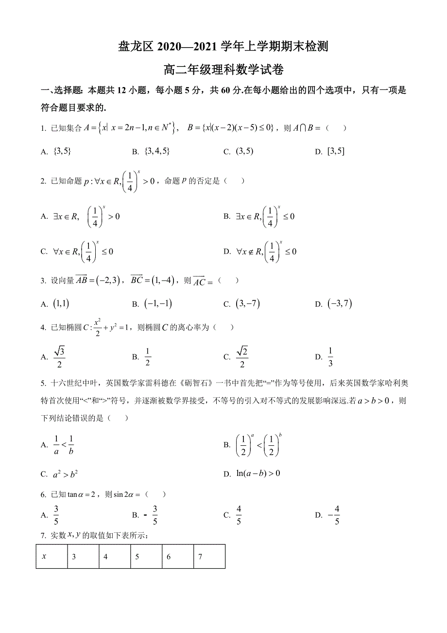 云南省昆明市盘龙区2020-2021学年高二上学期期末考试数学（理）试题 WORD版含答案.doc_第1页