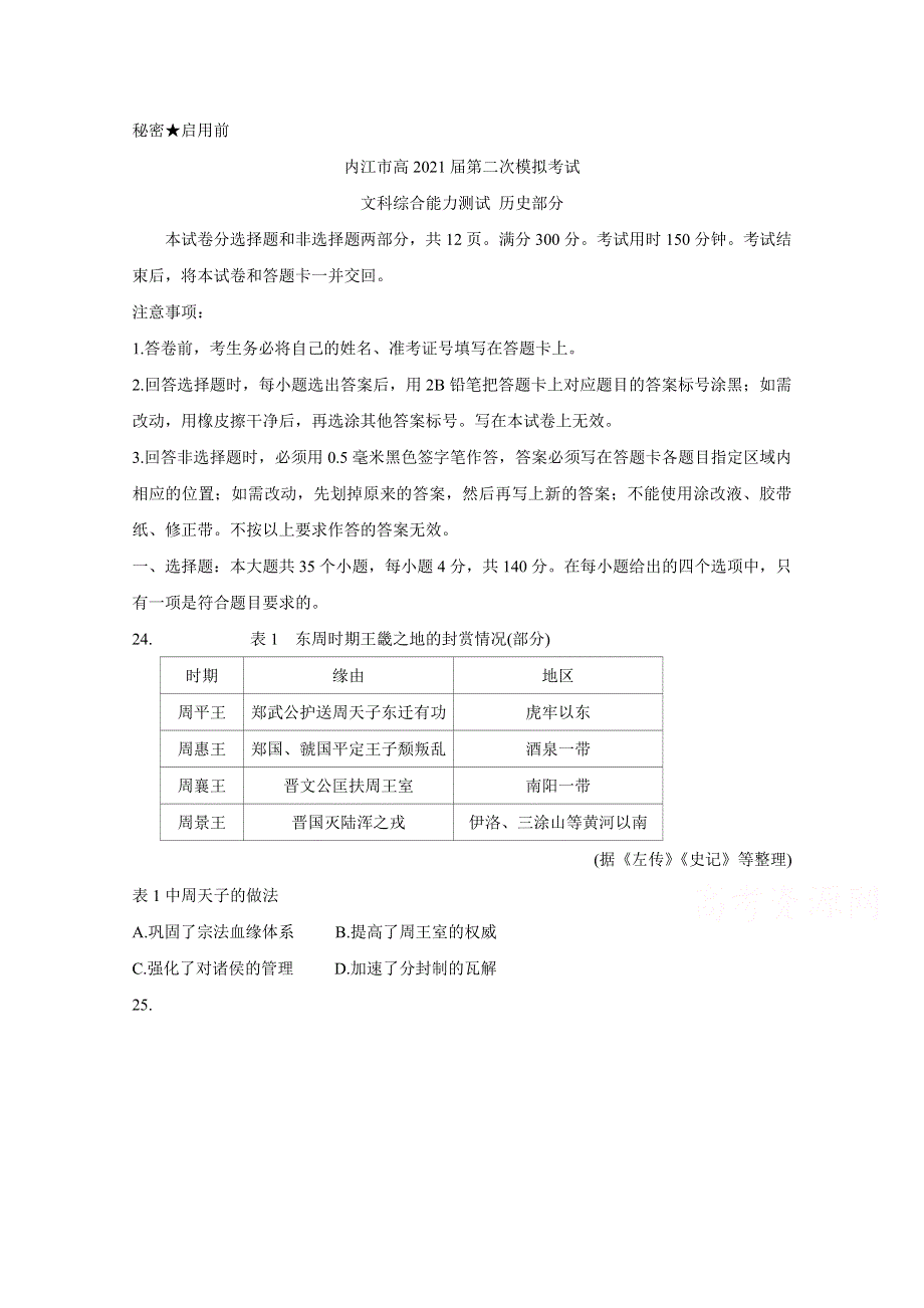 四川省内江市2021届高三下学期3月第二次模拟考试 历史 WORD版含答案BYCHUN.doc_第1页