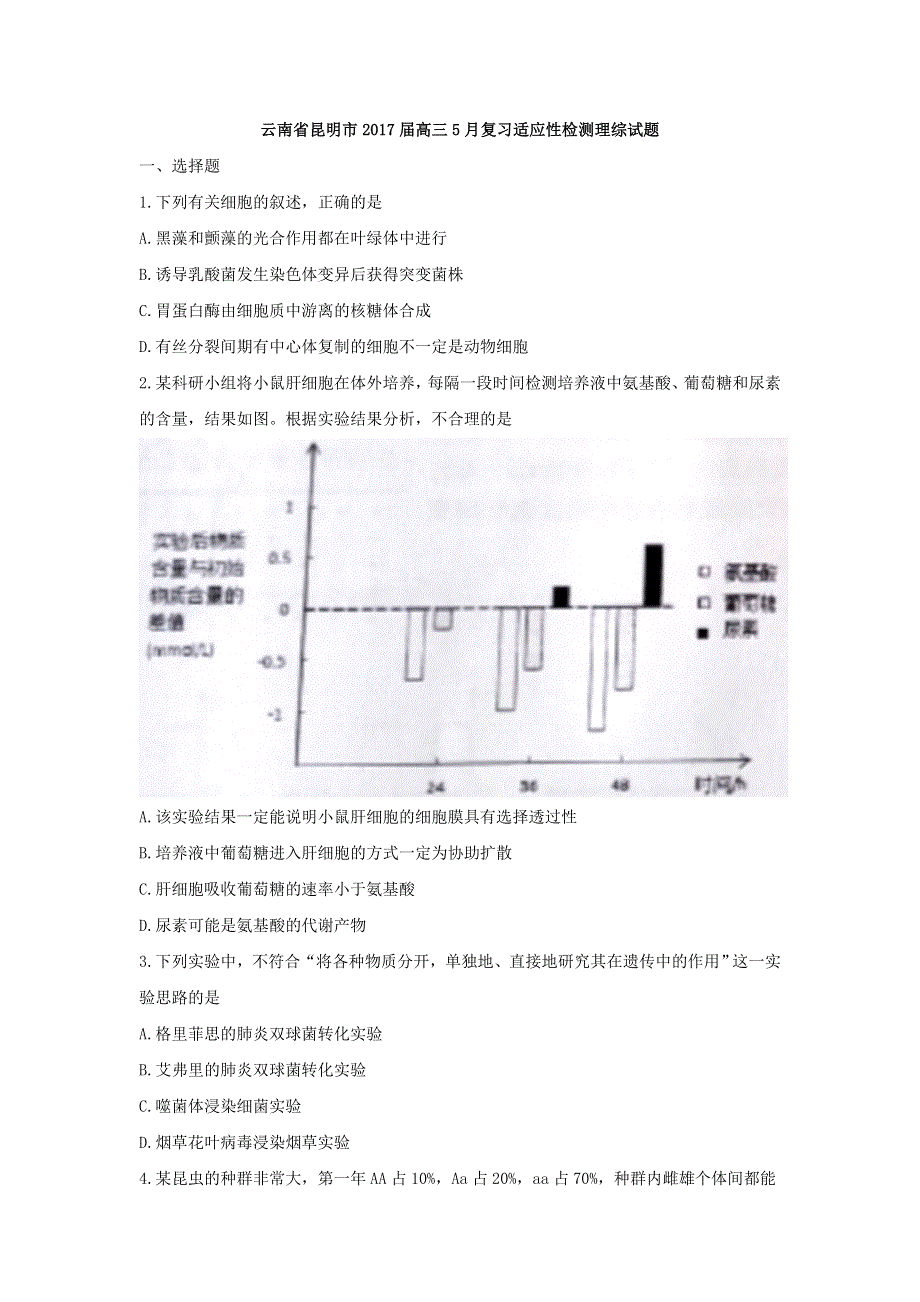 云南省昆明市2017届高三5月复习适应性检测理综试题 WORD版含答案.doc_第1页