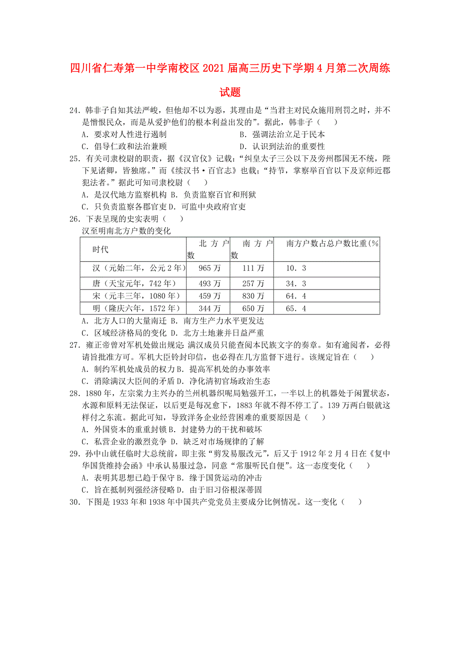 四川省仁寿第一中学南校区2021届高三历史下学期4月第二次周练试题.doc_第1页