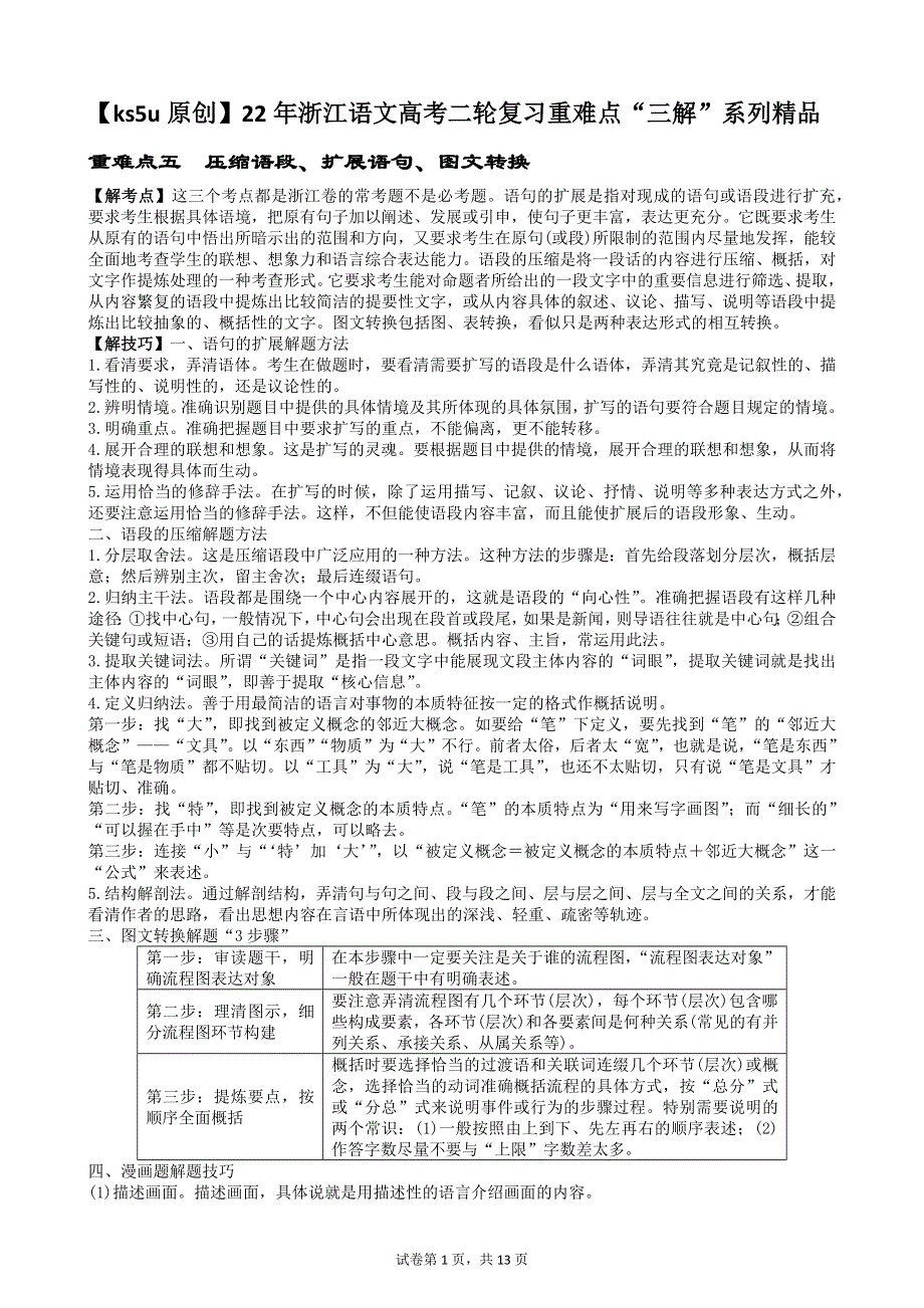 《原创》22年浙江语文高考二轮复习重难点“三解”系列精品 重难点五 压缩语段、扩展语句、图文转换.docx_第1页