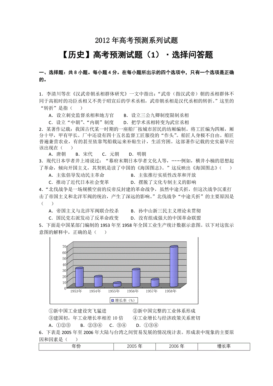 《历史》2012高考预测试题（1）选择问答题.doc_第1页