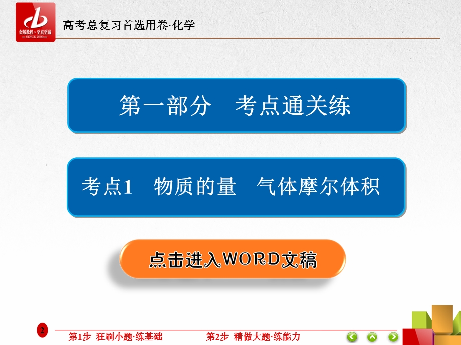 2018届高考化学大一轮复习课件：第一部分 考点通关练 考点1　物质的量　气体摩尔体积 .ppt_第2页