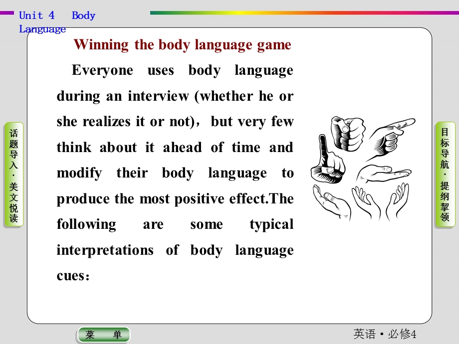 2019-2020学年人教版英语必修四抢分教程课件：UNIT 4 BODY LANGUAGE .ppt_第2页