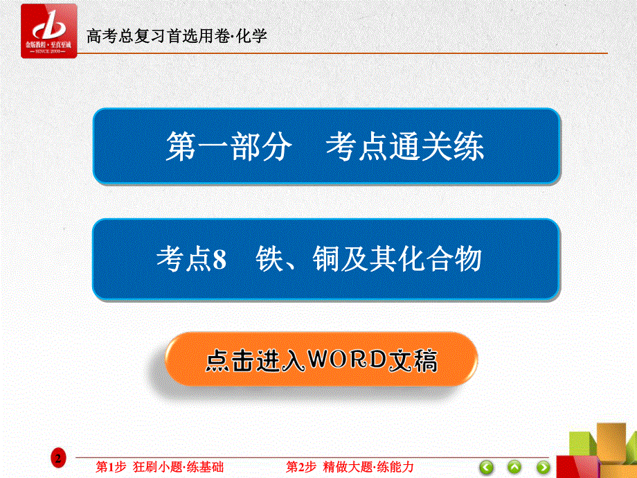 2018届高考化学大一轮复习课件：第一部分 考点通关练 考点8　铁、铜及其化合物 .ppt_第2页