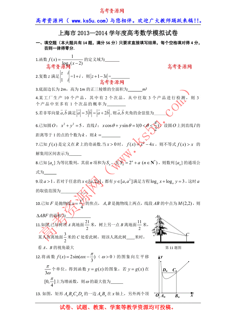 上海市2014届高三高考数学系列模拟卷（10） WORD版含答案.doc_第1页