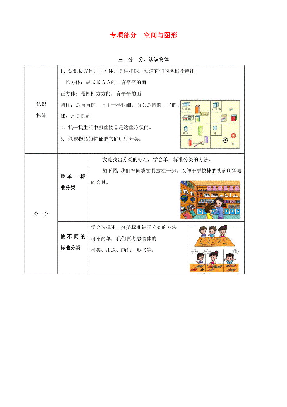 一年级数学上册 教材梳理 空间与图形 西师大版.doc_第1页