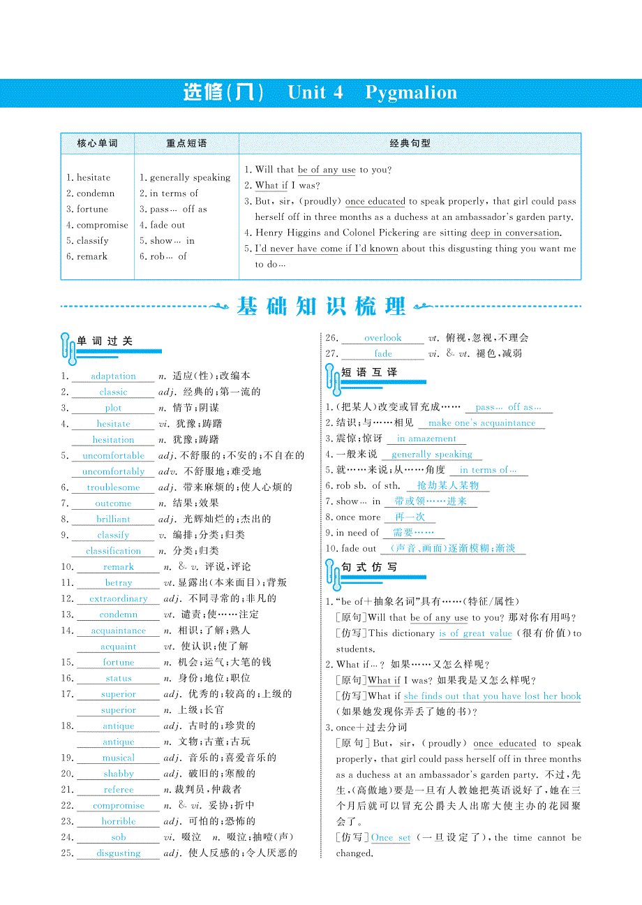 2014-2015学年高中英语同步导学案：UNIT 4 PYGMALION（人教新课标选修8）PDF版.pdf_第1页