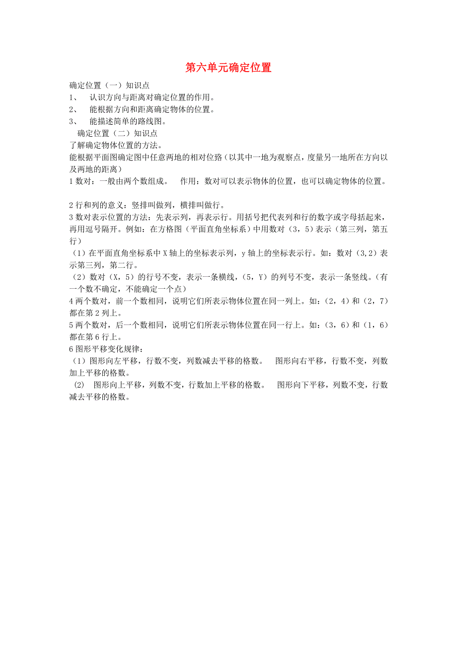 五年级数学下册 六 确定位置知识归纳 北师大版.doc_第1页