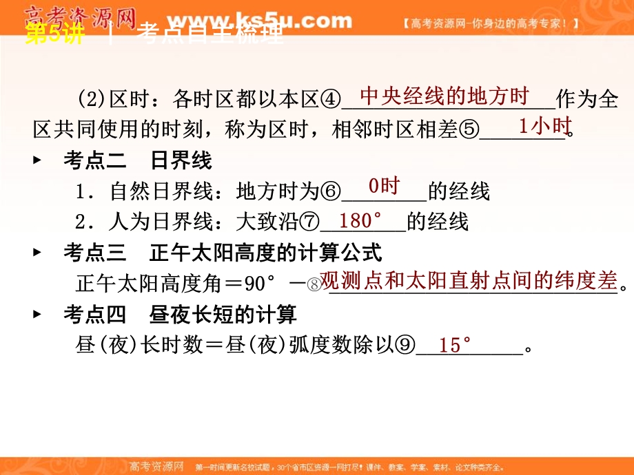 2013届高三地理一轮复习方案课件（人教版）第5讲　时间计算、日期判断及日照图的判读.ppt_第3页