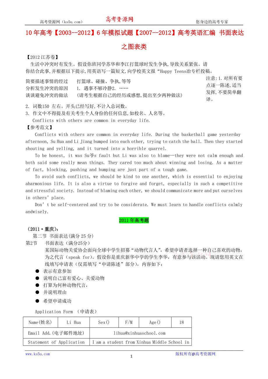 10年高考《2003--2012》6年模拟试题《2007--2012》高考英语汇编 书面表达之图表类.doc_第1页