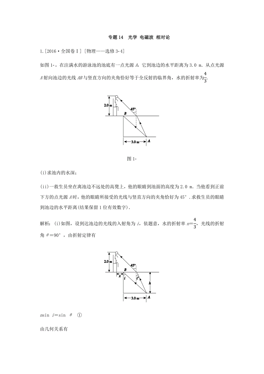 2018版高三物理一轮复习5年真题分类 2016年高考真题汇编 专题14 光学 电磁波 相对论 WORD版含解析.docx_第1页