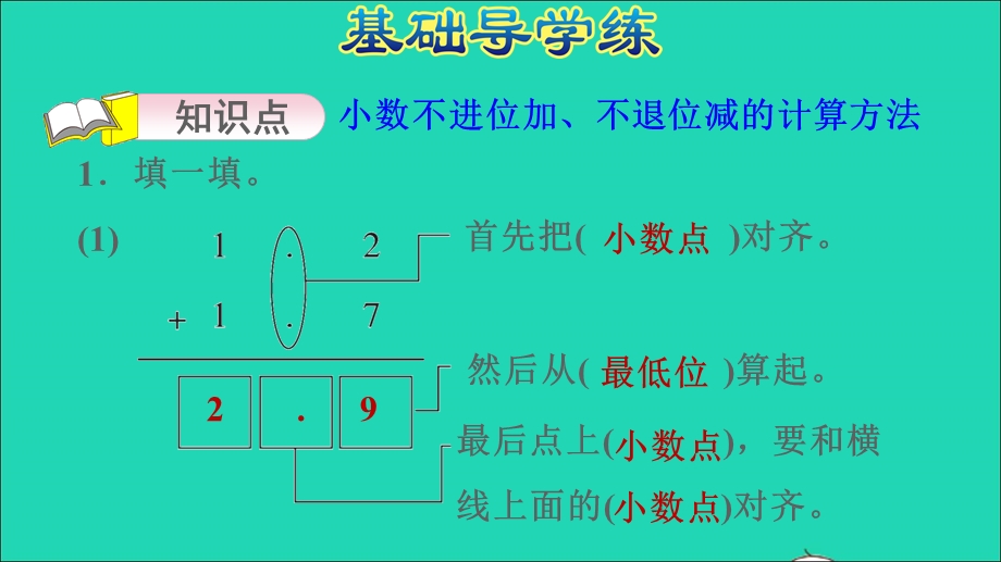 2022三年级数学下册 第6单元 小数的初步认识第4课时 不进位加法、不退位减法（简单加减计算 不进位加法和不退位减法）习题课件 冀教版.ppt_第3页