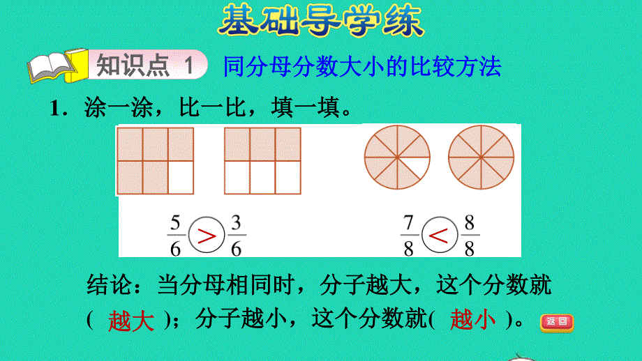 2022三年级数学下册 第6单元 认识分数第3课时 比大小 同分母(或同分子)分数的大小比较习题课件 北师大版.ppt_第3页