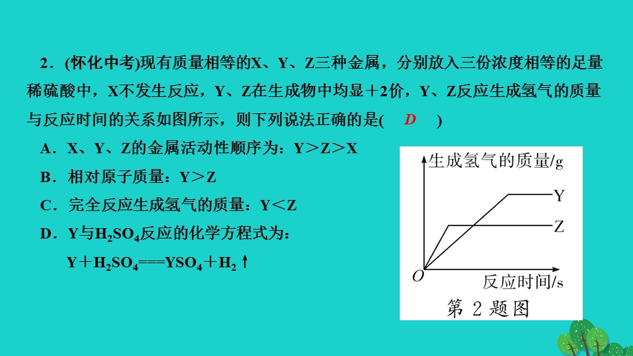 2022九年级化学下册 第八单元 金属和金属材料专题训练二 有关金属反应的曲线作业课件（新版）新人教版.ppt_第3页