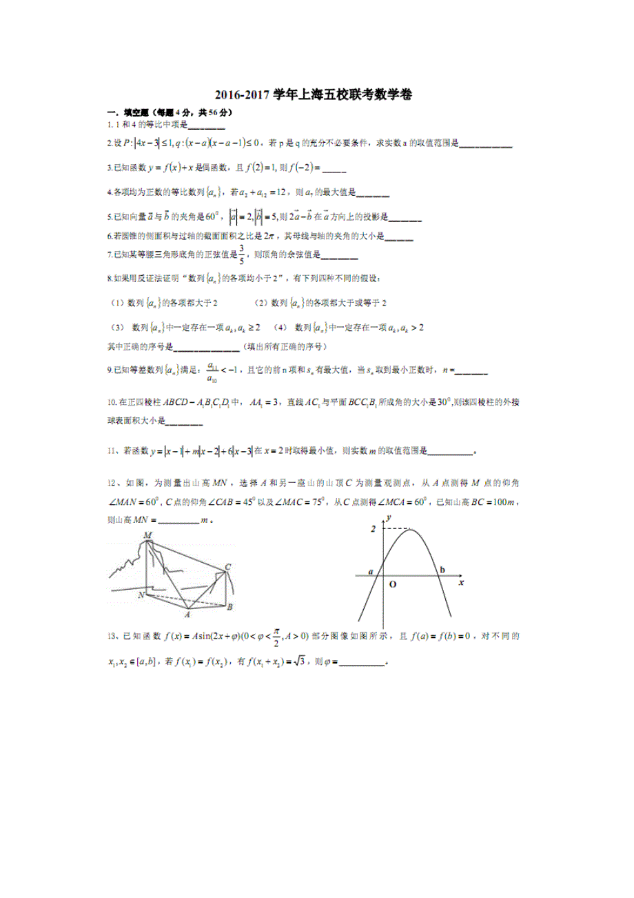 上海市五校2017届高三12月联考数学试卷 扫描版含答案.doc_第1页