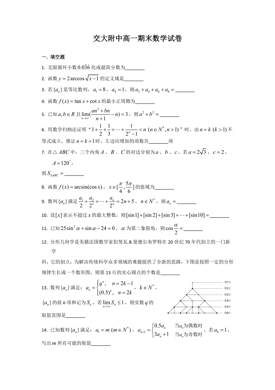 上海市交通大学附属中学2016-2017学年高一下学期期末考试数学试题 WORD版含答案.doc_第1页