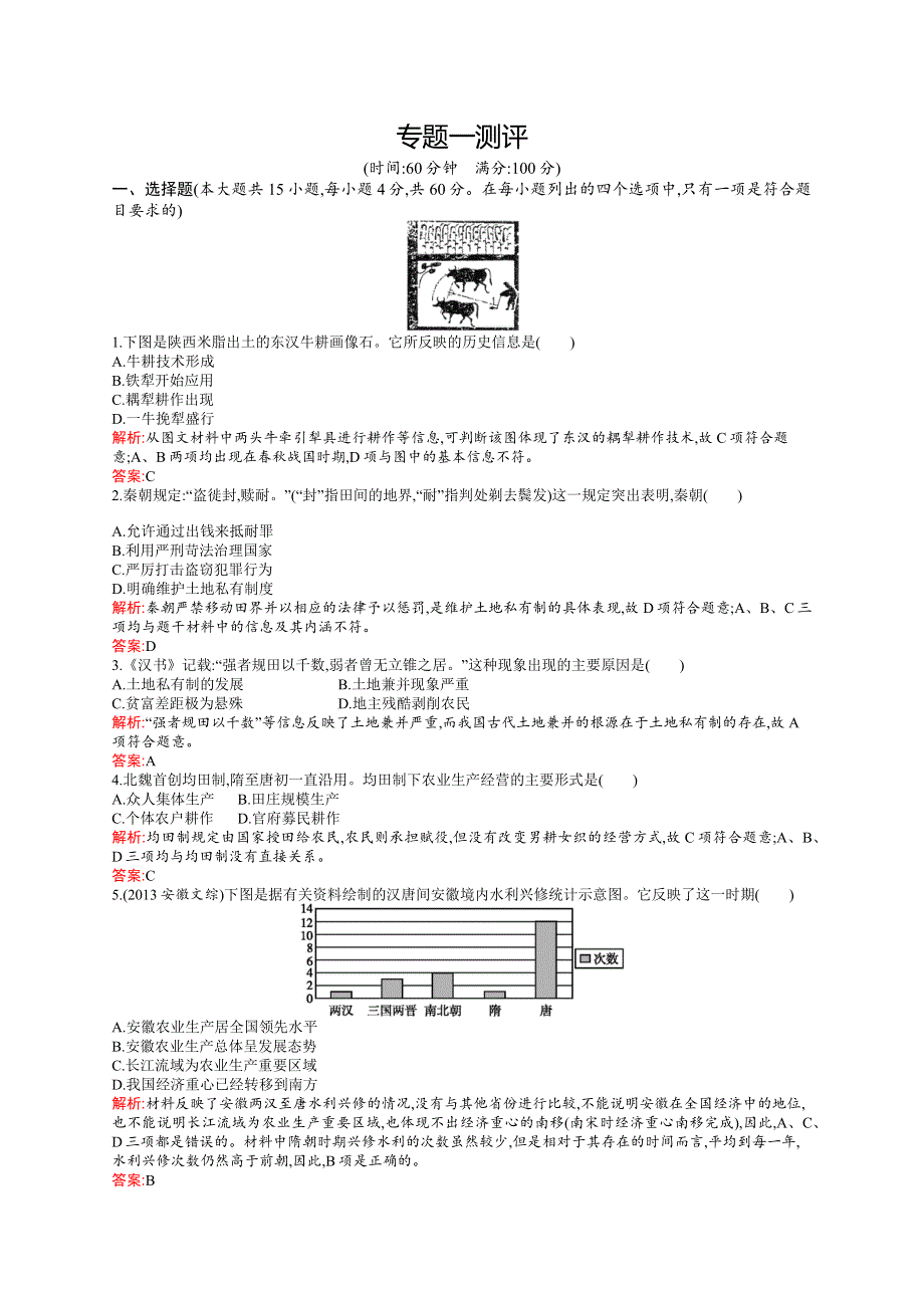 2015-2016学年高一历史人民必修2专题测评：专题一 古代中国经济的基本结构与特点 WORD版含解析.docx_第1页