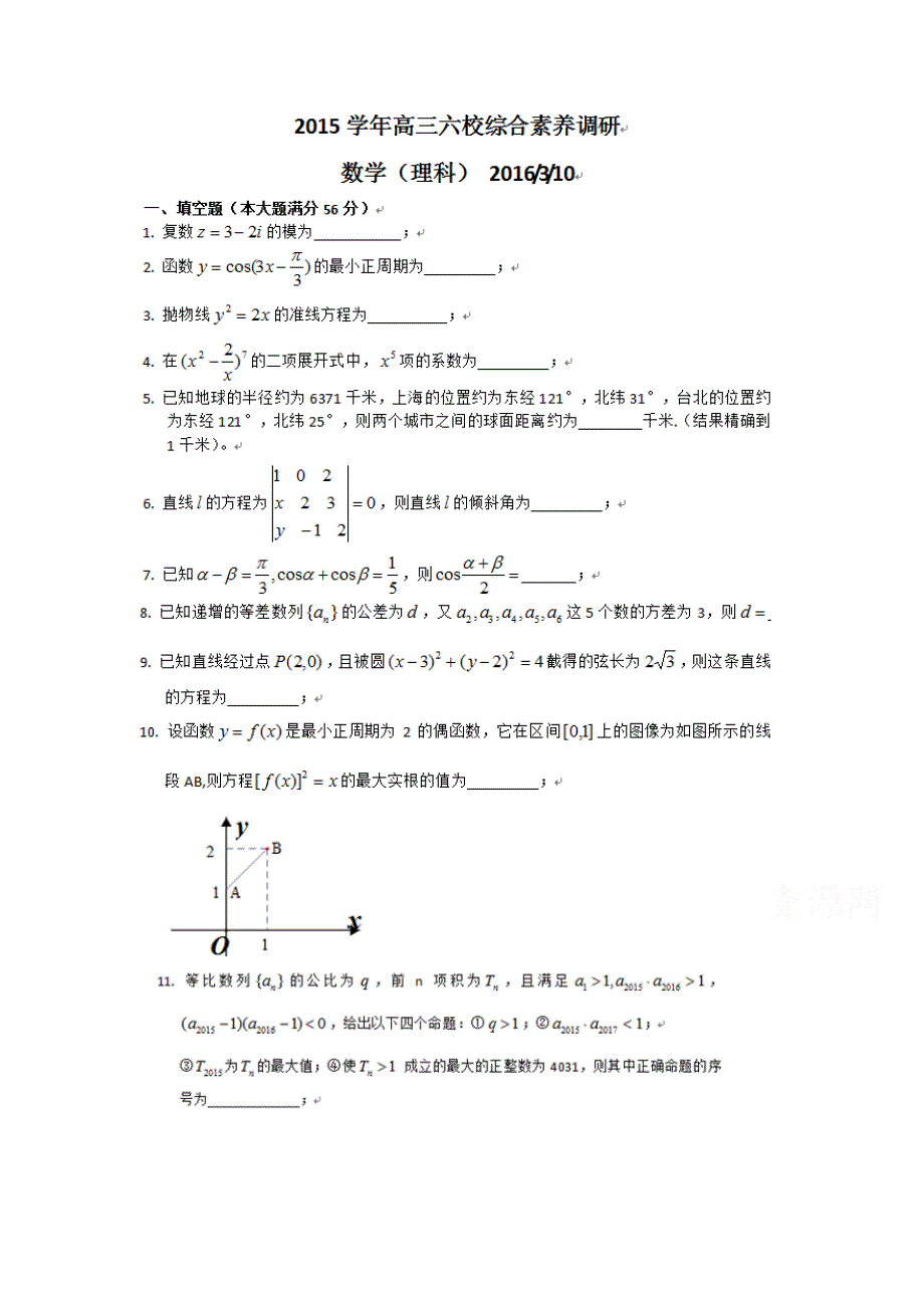 上海市六校2016届高三3月综合素养调研数学理试题 扫描版无答案.doc_第1页