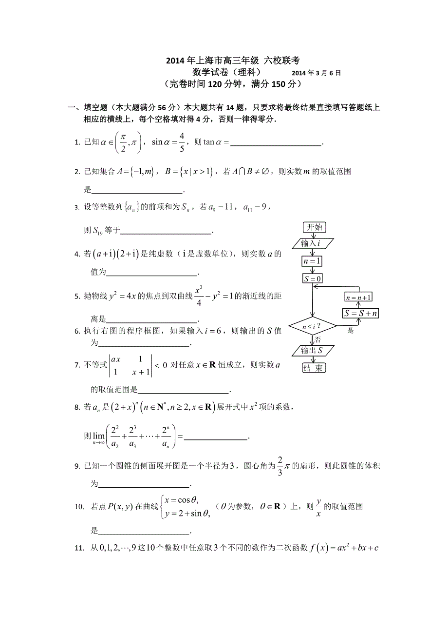 上海市六校2014届高三下学期第二次联考数学（理）试题 WORD版含答案.doc_第1页