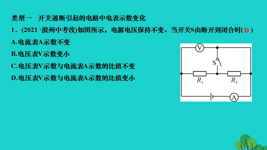 2022九年级物理全册 第十七章 欧姆定律专题八 动态电路电表示数变化分析作业课件（新版）新人教版.ppt_第2页