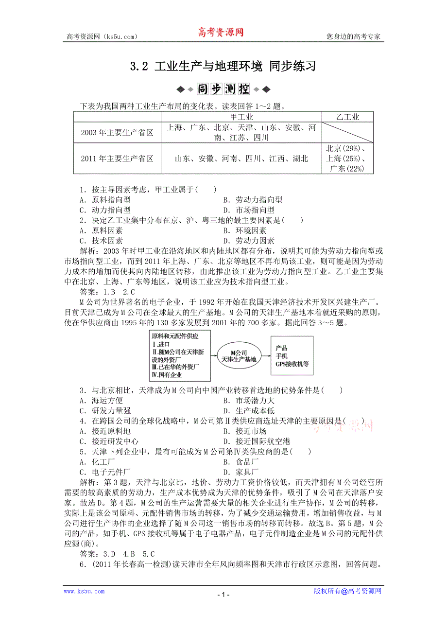 11-12学年高一地理：3.2 工业生产与地理环境 同步练习（鲁教版必修2）.doc_第1页