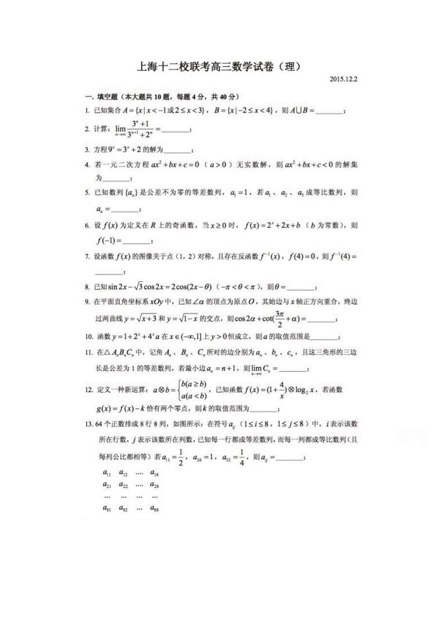 上海市十二校2016届高三上学期12月联考数学理试题 扫描版无答案.doc_第1页