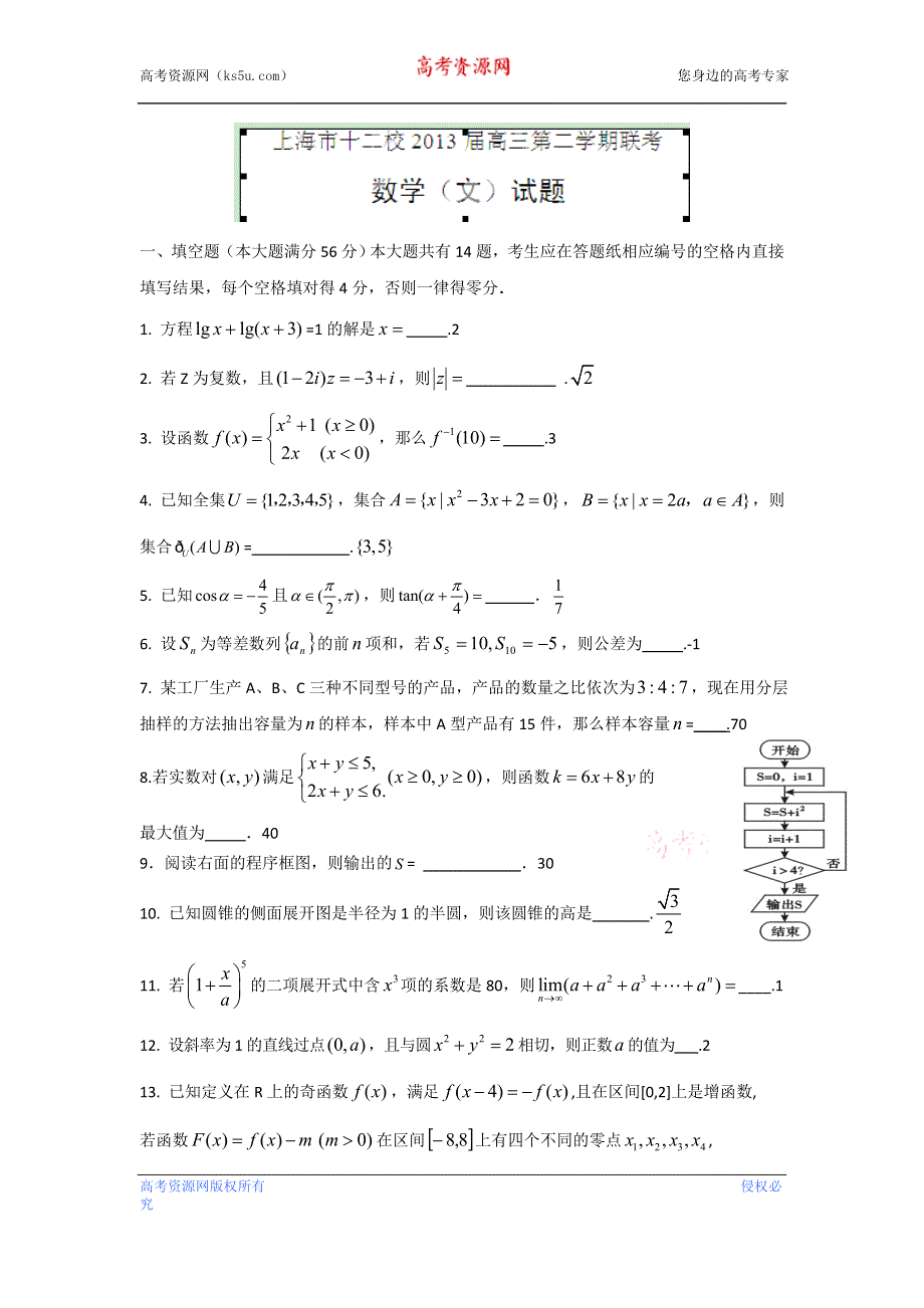 上海市十二校2013届高三下学期联考数学（文）试题 WORD版含答案.doc_第1页