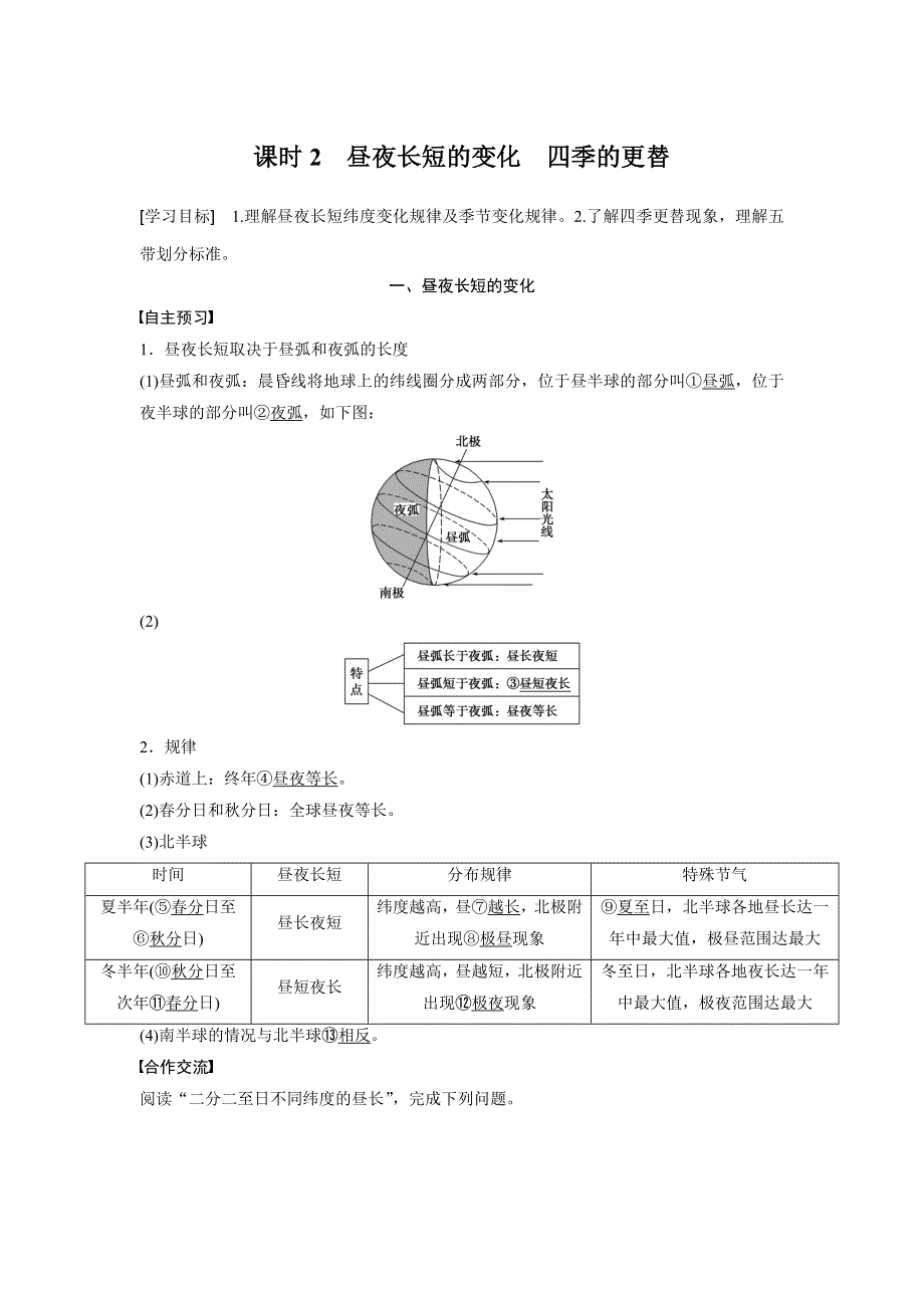 2015-2016学年高一地理鲁教版必修一学案与检测：第一单元 第三节 课时2 昼夜长短的变化　四季的更替 WORD版含答案.docx_第1页