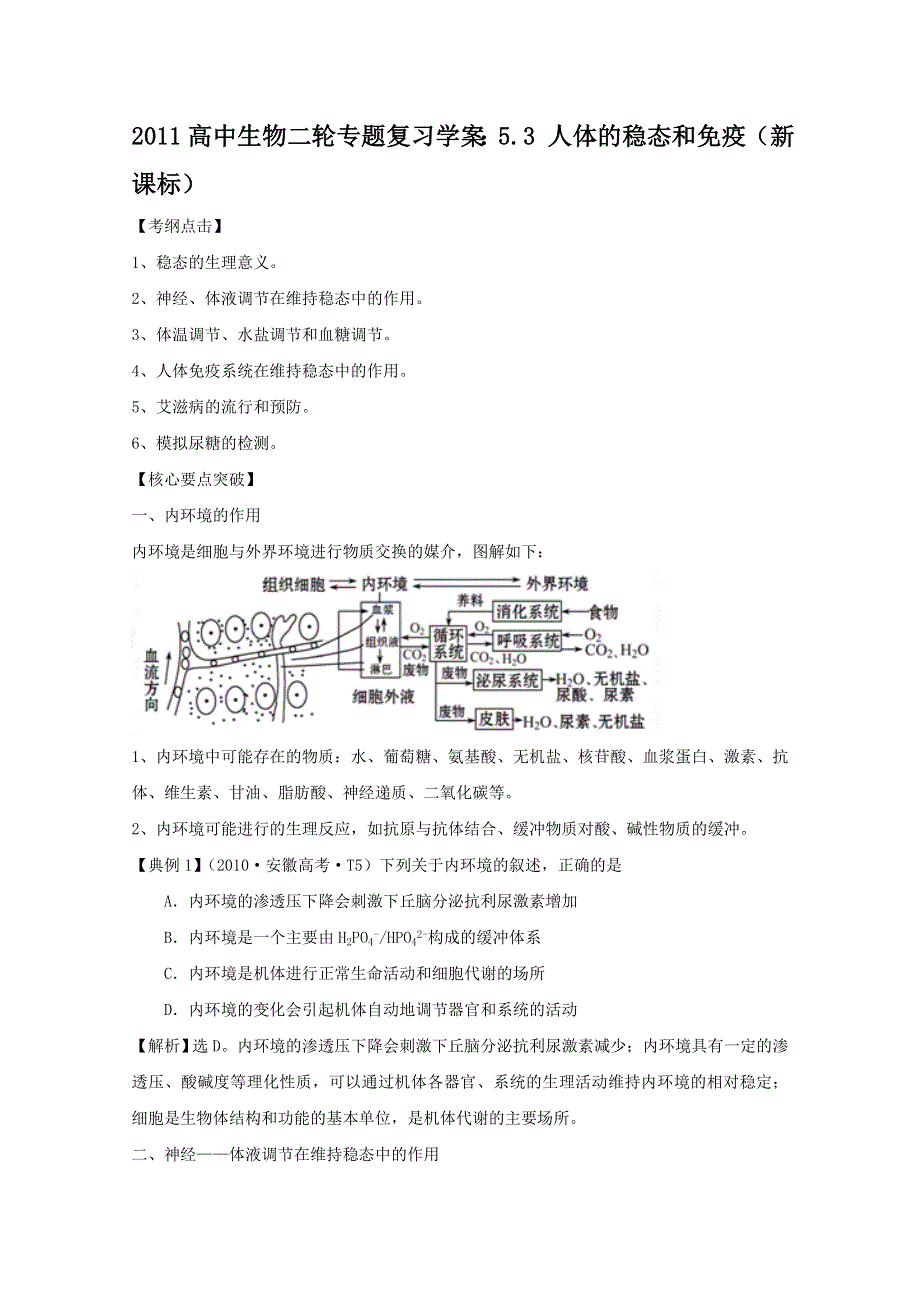 [原创]2011高中生物二轮专题复习学案：人体的稳态和免疫.doc_第1页