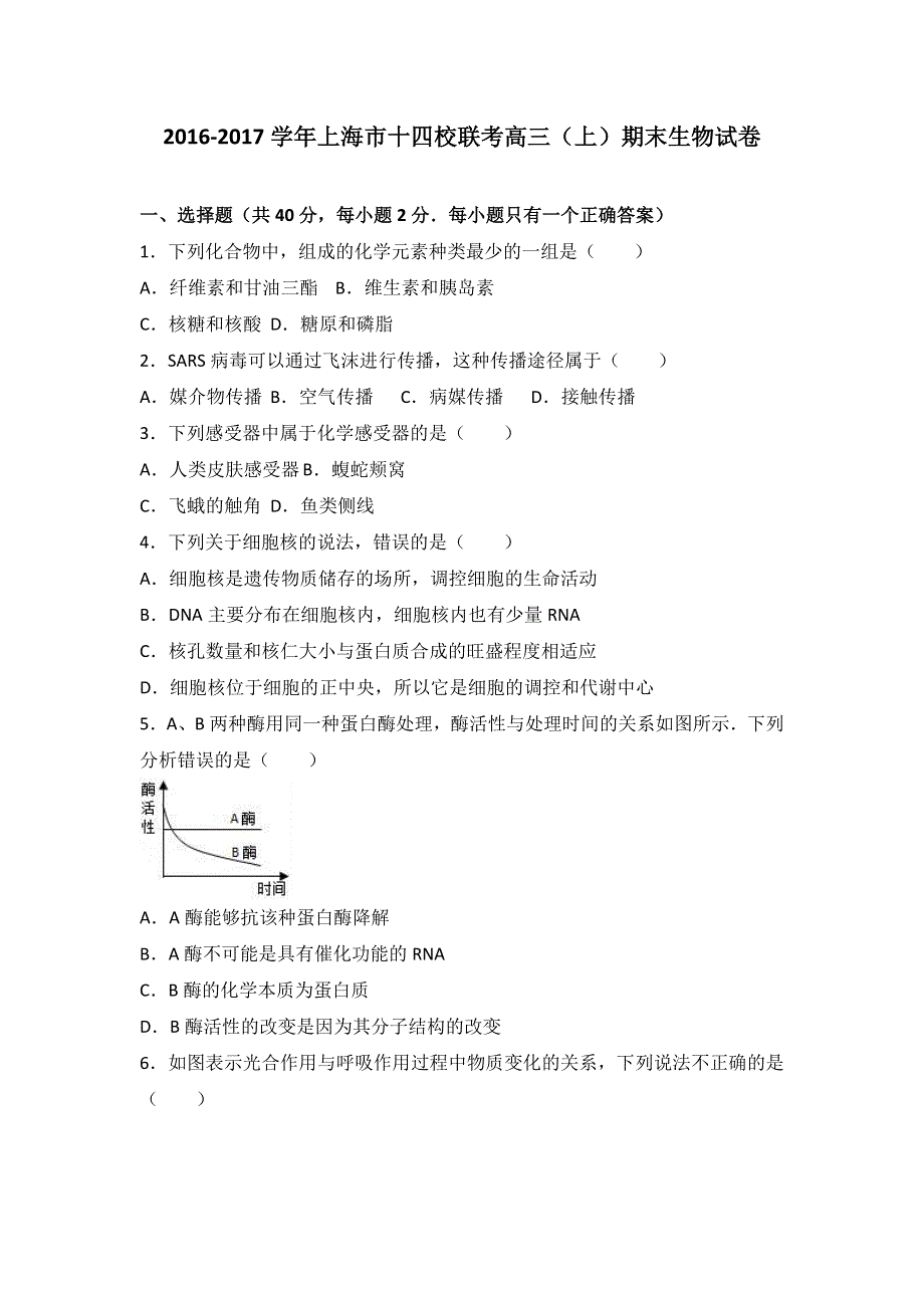 上海市十四校联考2017届高三上学期期末生物试卷 WORD版含解析.doc_第1页