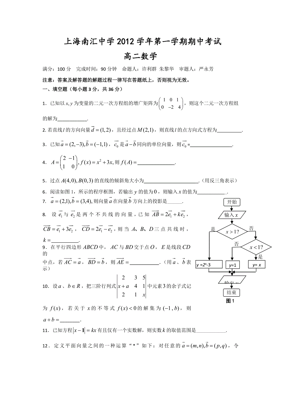 上海市南汇中学2012-2013学年高二上学期期中考试数学试题（无答案）.doc_第1页